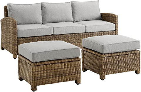Bradenton 3Pc Wicker Outdoor Sofa Patio Furniture Set Gray/Weathered Brown - Sofa & 2 Ottomans