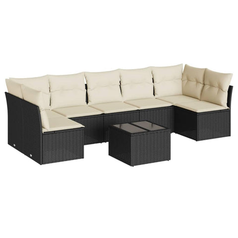 vidaXL Patio Sofa Set with Cushions 8 Piece, Patio Furniture with Glass Table, Outdoor Conversation Set, Modern Style, Black Poly Rattan
