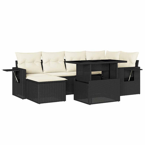 vidaXL Patio Sofa Set with Cushions 7 Piece, Garden Lounge Set, Outdoor Conversation Set, Sectional Sofa for Garden, Modern Style, Black Poly Rattan