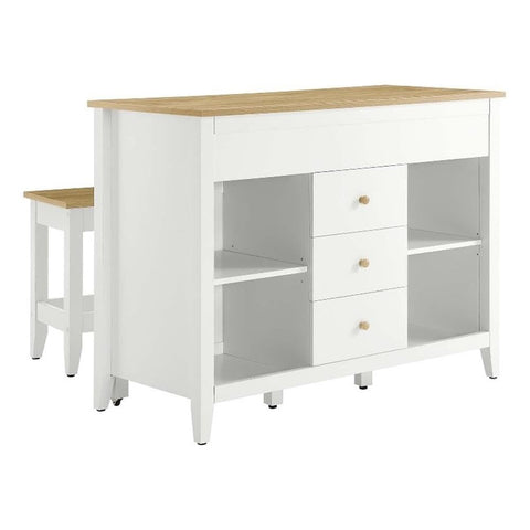 Modway Farmstead 3-Piece Small Kitchen Island Set with Seating and Pull-Out Table in Oak White - Freestanding Small Space Modern Farmhouse Kitchen Cart with 2 Stools and Kitchen Cabinet Storage