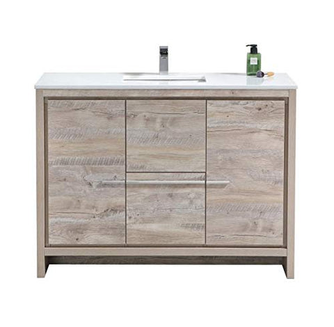KubeBath Dolce 48? Nature Wood Modern Bathroom Vanity with White Quartz Counter-Top