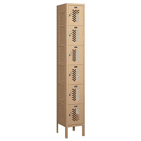 Salsbury Industries Assembled 6-Tier Box Style Vented Metal Locker with One Wide Storage Unit, 6-Feet High by 12-Inch Deep, Tan