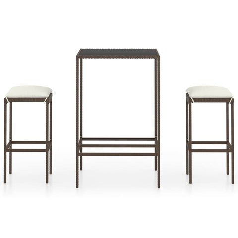 vidaXL 3 Piece Patio Bar Set with Cushions - Durable, Weather-Resistant Poly Rattan Outdoor Furniture Set - Brown Stools and Table with Tempered Glass Tabletop - Ideal for Garden, Patio