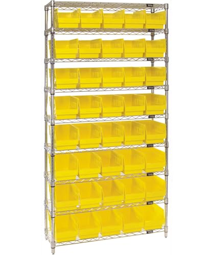 Quantum Storage Systems WR9-206YL 9-Tier Complete Wire Shelving System with 40 QSB206 Yellow Store-More Bins, Chrome Finish, 24" Width x 36" Length x 74" Height