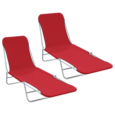 vidaXL 2X Folding Sun Loungers Camping Outdoor Garden Patio Beach Poolside Sun Relaxing Chaise Lounge Chair Seating Steel and Fabric Red