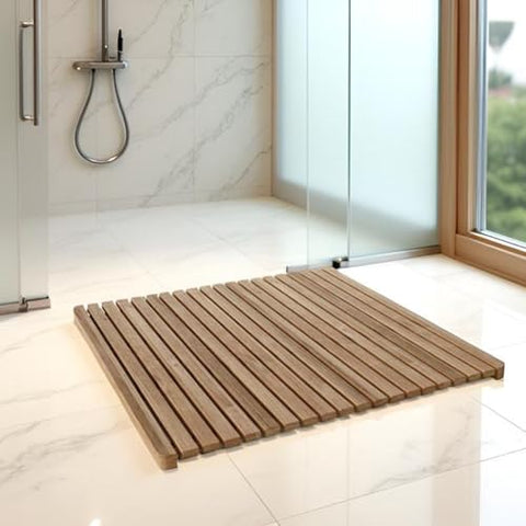 Oakestry Premium Teak Large Square Shower Mat Non Slip Wooden Bath Floor Board Water Resistant Spa Style Bathroom Resort Quality Quick Dry Indoor Outdoor Platform