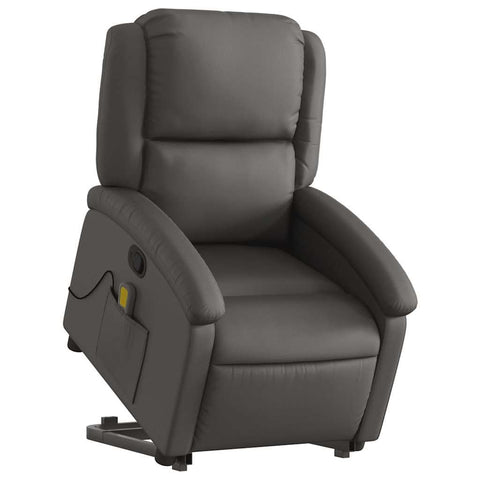 vidaXL Gray Real Leather Power Lift Massage Recliner - Electric Motor Stand-Up Armchair, Manual Tilt, Vibration Massage, Foam Padded