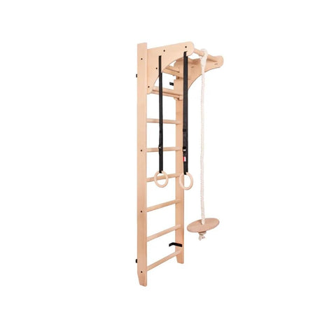 BenchK 111+A204 Solid Beech Wooden Wallbars with Oval Rungs, Pull Up Bar and Gymnastic Accessories Such as Wooden Rings, Climbing Rope with Swing, Stall Bars, Swedish Ladder