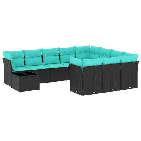 vidaXL Patio Sofa Set with Cushions 11 Piece, Sectional Sofa with Glass Table, Outdoor Conversation Set, Modern Style, Black Poly Rattan