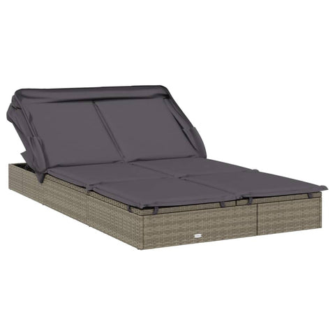 vidaXL 2-Person Gray Poly Rattan Sunbed with Foldable Roof and Adjustable Seats for Patio, Poolside, Balcony