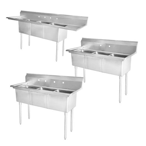 OMCAN 43763 POT SINKS 90" 3 compartment sink with center drain and 2 drain boards