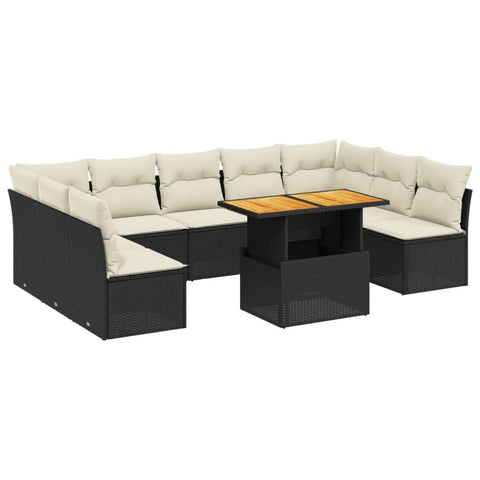 vidaXL 10 Piece Garden Sofa Set with Cushions Modern Outdoor Furniture in Black Poly Rattan Modular Sectional Comfortable Cream and Adjustable Features Patio Lounge for Conversation