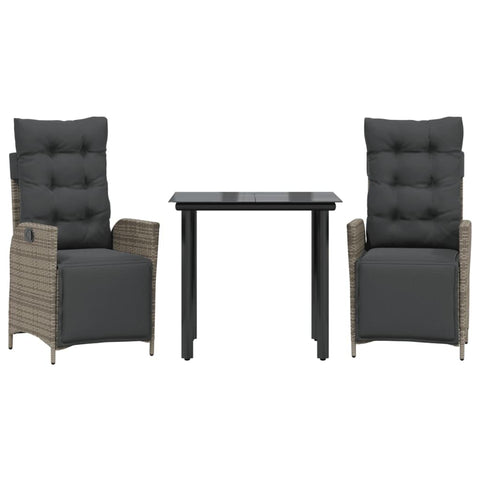 vidaXL 3 Piece Patio Dining Set Gray Poly Rattan with Cushions - Adjustable Reclining Chairs and Glass Tabletop for Garden, Backyard, or Patio