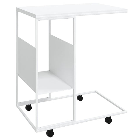 vidaXL Side Table with Wheels, C-Shaped, White - Engineered Wood and Iron, Versatile for Living Room, Bedroom, Office
