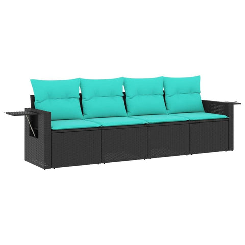 vidaXL Patio Sofa Set 4 Piece - Modular Outdoor Furniture with Cushions, Black Poly Rattan, Foldable Side Table, Storage, Weather-Resistant