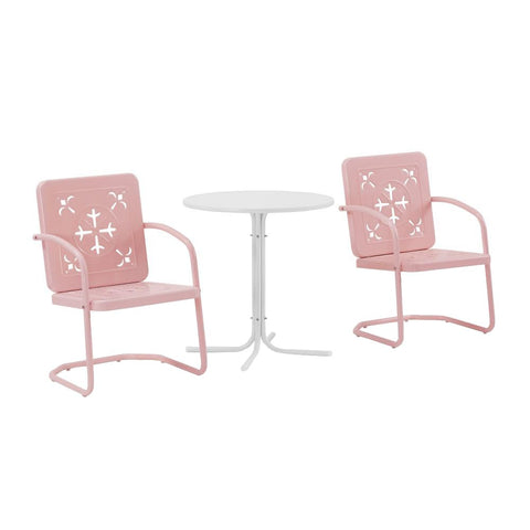 Crosley Furniture Azalea 3-Piece Vintage Outdoor Bistro Set, Retro Metal Patio Table and Chairs, Porch, Balcony, Pastel Pink Gloss/White Satin
