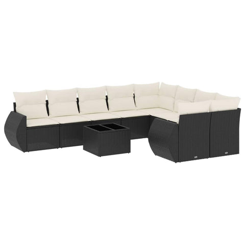 vidaXL Patio Sofa Set with Cushions 10 Piece, Sectional Sofa with Glass Table, Outdoor Conversation Set, Modern Style, Black Poly Rattan
