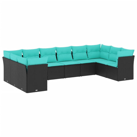 vidaXL - 10 Piece Patio Sofa Set with Cushions, Black Poly Rattan, Blue Covers, Modular Design - Outdoor Garden Furniture, 242.5 lb Capacity, Weather, Easy to Clean