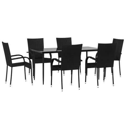 vidaXL 7-Piece Outdoor Dining Set â€“ Modern Patio Furniture with Black Poly Rattan, Powder-Coated Steel Frames, Tempered Glass Tabletop, Space-Saving Design