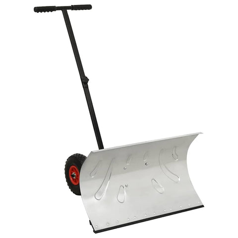 vidaXL 29” Heavy Duty Wheeled Snow Shovel, Adjustable Push Bar & Blade Angles, Non-Slip Handle, Galvanized Metal Snow Pusher Shovel for Driveways & Sidewalks