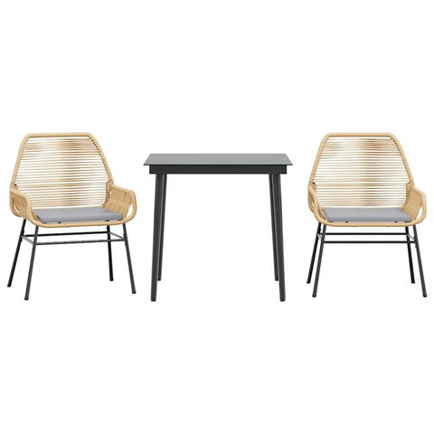 vidaXL 3-Piece Patio Dining Set - Brown Poly Rattan with Cushions and Tempered Glass Tabletop, Outdoor/Garden Furniture