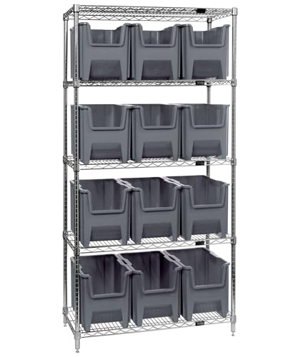 Quantum Storage Systems WR5-600GY 5-Tier Complete Wire Shelving System with 12 QGH600 Gray Giant Stack Bins, Chrome Finish, 18" Width x 36" Length x 74" Height