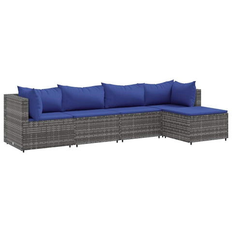 vidaXL 5-Piece Outdoor Patio Lounge Set - Gray Poly Rattan Modular Sofa with Footstool and Cushions for Garden, Terrace, Deck