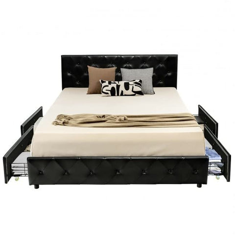 Fast Furnishings Full Size Black PU Leather Button Tufted Platform Bed with 4 Storage Drawers
