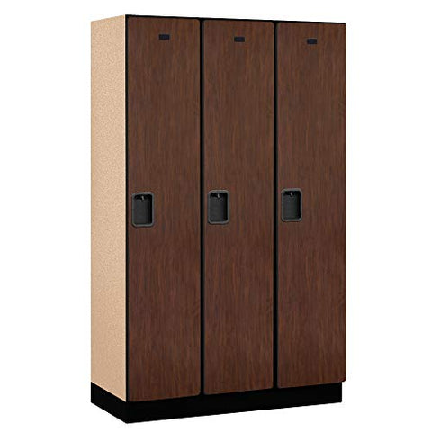 Salsbury Industries 1-Tier Extra Wide Designer Wood Locker with Three Wide Storage Units, 6-Feet High by 18-Inch Deep, Mahogany