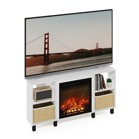 Furinno Jensen Corner Fireplace TV Stand with 4 Open Compartments for TV up to 55 Inches Solid White