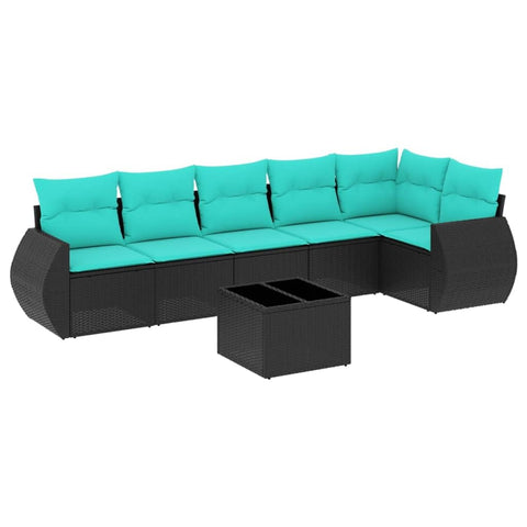 vidaXL Patio Sofa Set with Cushions 7 Piece, Sectional Sofa with Glass Table, Outdoor Conversation Set, Modern Style, Black Poly Rattan