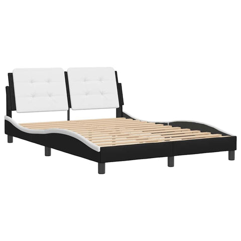 vidaXL Full Faux Leather Bed Frame with Headboard - Black/White - 53.9"x74.8" - Modern Waved Design - Plywood Slats & Foam Headboard
