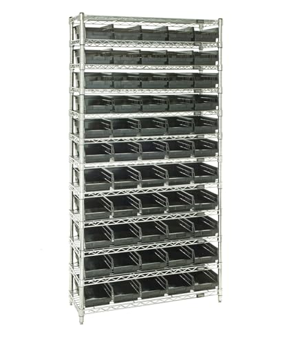 Quantum Storage Systems WR12-104CO Wire Heavy Duty 12 Shelves 55 Economy Conductive Black Bins 74" H x 36" W x 18" D