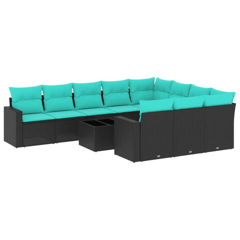 vidaXL Patio Sofa Set with Cushions 11 Piece, Sectional Sofa with Glass Table, Outdoor Conversation Set, Patio Furniture, Black Poly Rattan