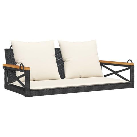 vidaXL Swing Bench Chair with Cream Cushions - Black Poly Rattan, Outdoor Hanging Seat for Garden, Patio, Deck, UV-, 42.9"x 24.4"x 15.7"