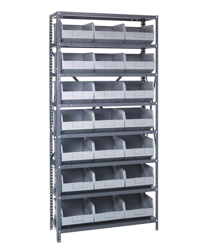 Quantum Storage Systems 1875-465GY Solid Heavy Duty 8 Shelves 21 Stackable Shelf Bins Gray Bins 75" H x 36" W x 18" D