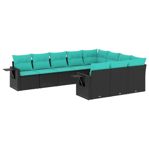 vidaXL Patio Sofa Set with Cushions Outdoor Furniture 10 Piece Black PE Rattan for Garden/Patio with Foldable Side Tables and Modular Design