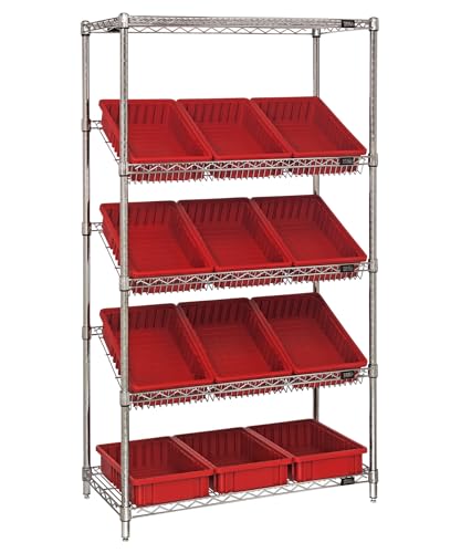 Quantum Storage Systems WRS-5-92035RD Wire Slanted 5 Shelves 12 Dividable Grid Red Bins 63" H x 36" W x 18" D