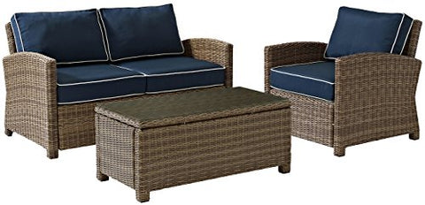 Bradenton 3Pc Wicker Outdoor Loveseat Patio Furniture Set Navy/Weathered Brown - Loveseat, Arm Chair, & Coffee Table
