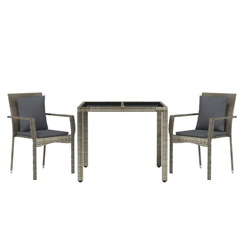vidaXL Weather- 3 Piece Patio Dining Set in Gray Poly Rattan with Cushions, Powder-Coated Steel Frame, Glass Tabletop