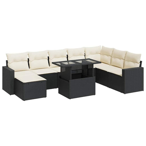 vidaXL 9 Piece Patio Sofa Set with Cushions Black Poly Rattan, Garden Sofa Set, Garden Lounge Set, Sofa for Garden, Outdoor Sofa Set