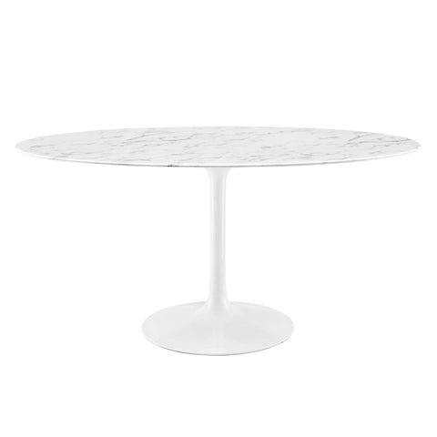 Modway Lippa 60" Oval-Shaped Mid-Century Modern Dining Table with Artificial Marble Top and White Base