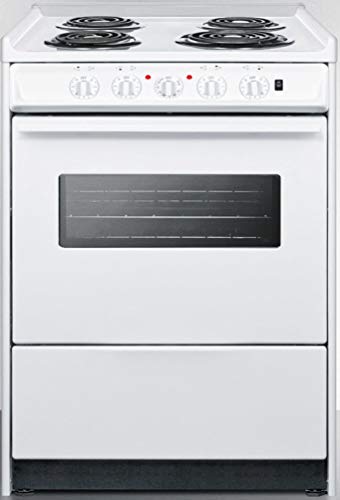 Summit WEM610RW 24"" Slide-In Electric Range with 4 Elements Waist High Broil Oven Racks Chrome Drip Pans Indicator Lights and Push-To-Turn Burner Knobs in White