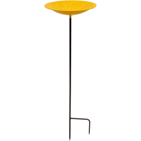 Lolly Enameled Birdbath with Garden Stake, Sunflower Yellow Glass Enamel Brass Bowl, 12” Outdoor Decorative Bird Bath