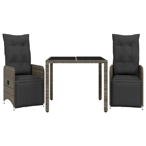 vidaXL Patio Bistro Set with Cushions 3 Piece, Outdoor Armchair with Backrest, Table and Chairs for Garden Balcony, Modern, Gray Poly Rattan