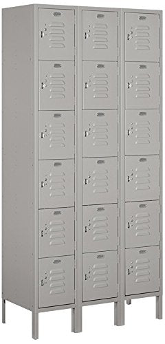 12 Inch Wide Six Tier Box Style Standard Metal Locker - 3 Wide - 6 Feet High - 15 Inches Deep - Gray - Unassembled