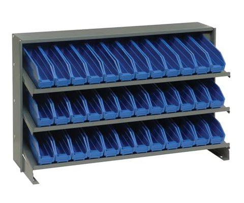 Quantum QPRHA-100BL Sloped Quickpick Cart | Bench Style Mobile Storage Rack for Industrial Display | (36) QSB100 Blue Bins; (3) Shelves | 250 lbs Capacity, 12.5"L x 36"W x 23"H, Gray, Carbon Steel
