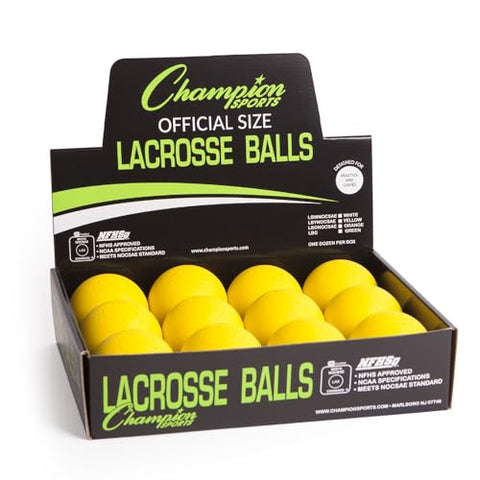 Champion Sports Colored Lacrosse Balls: Yellow Official Size Sporting Goods Equipment for Professional, College & Grade School Games, Practices & Recreation - NCAA, NFHS and SEI Certified - 12 Pack