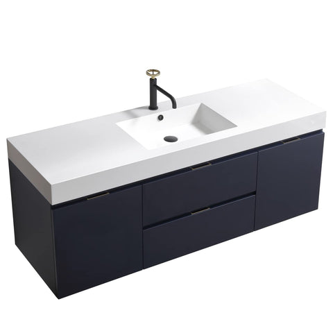 Bliss 60" Single Sink Blue Wall Mount Modern Bathroom Vanity