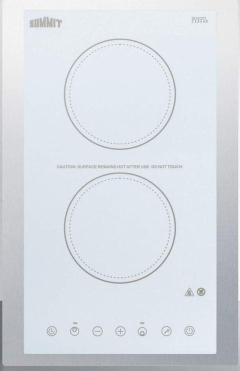 Summit Appliance CR2B15T2WTK15 115V 2-Burner Radiant Cooktop in White Ceramic Glass Surface with Digital Touch Controls & Stainless Steel Frame to Allow Installation in 15" Wide Counter Cutouts
